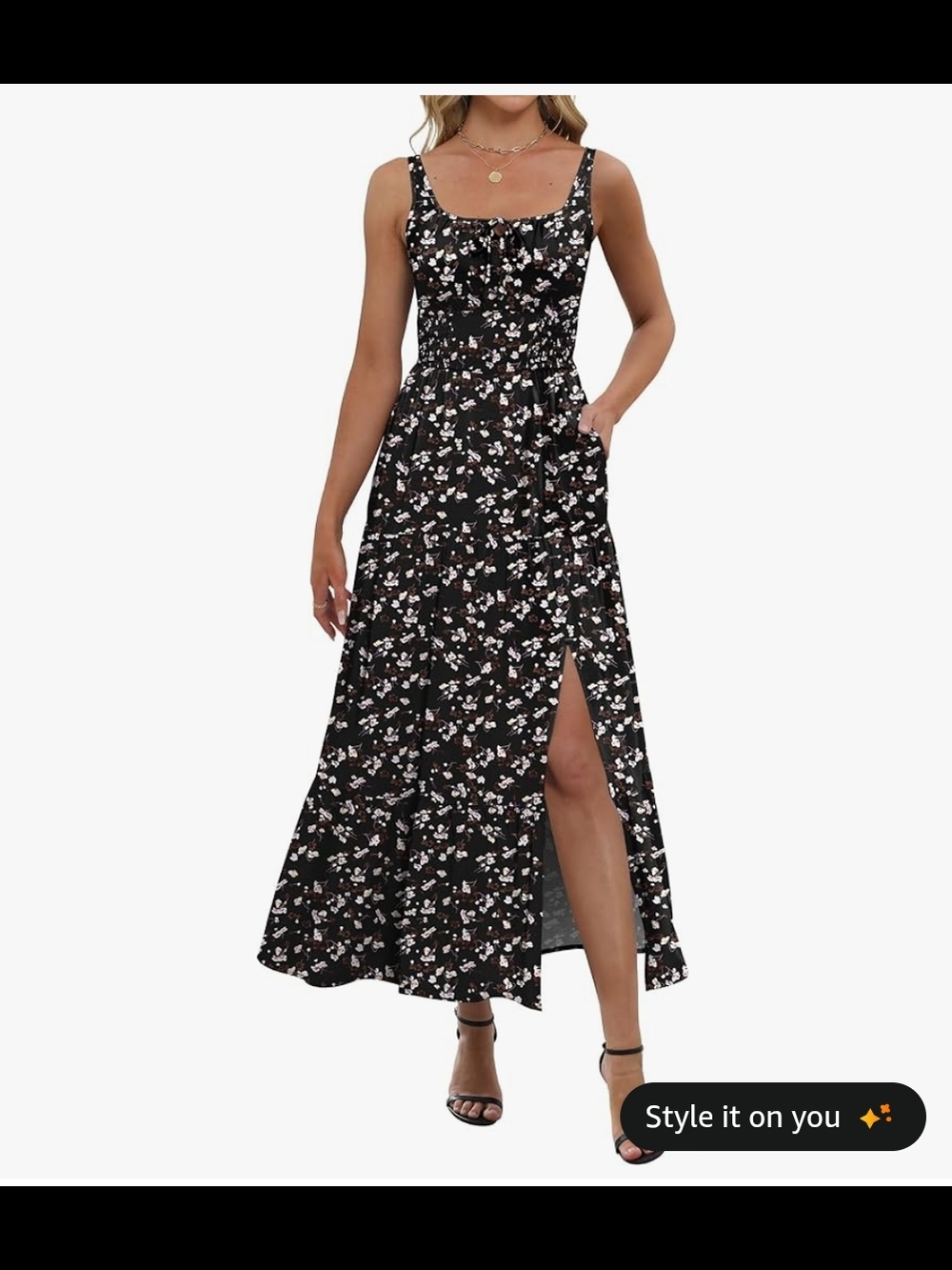 Black Floral Tie-Strap Sundress with Brown & Cream Blooms